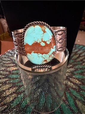 Large Oval Turquoise Stone in Sterling Cuff Gorgeous